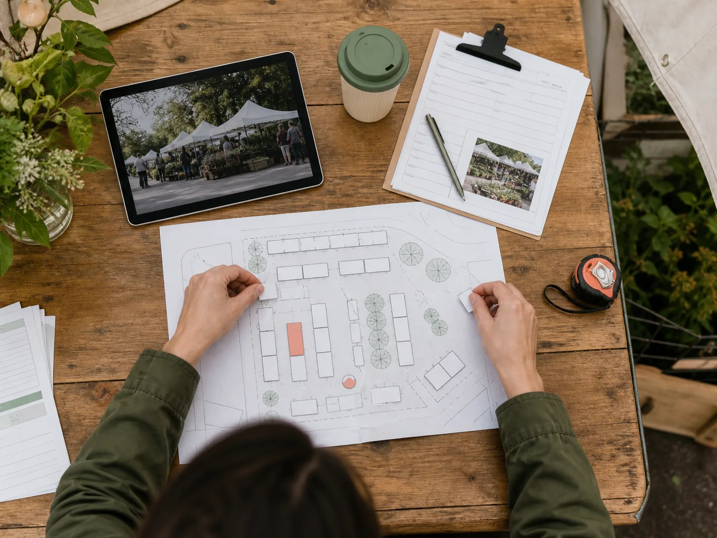 An organiser planning stall placements on a printed market layout